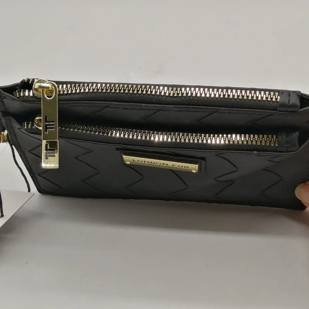 London‎ Fog Wristlet Womens Danica Black Organizer Wallet Woven Double Zip NEW